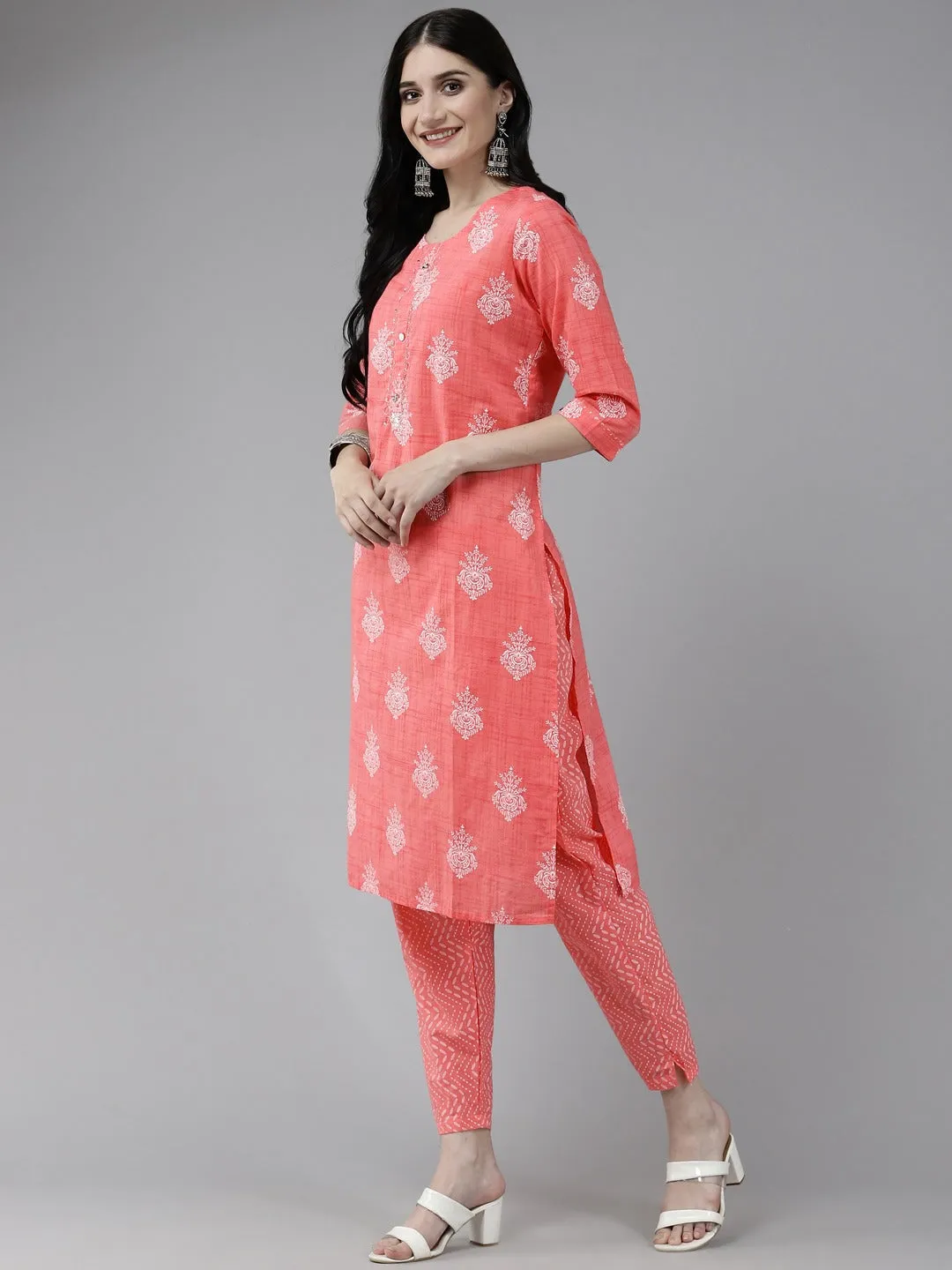 Peach Printed Kurta Set