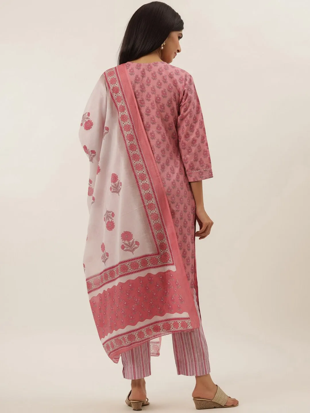 Pink Cotton Printed Dupatta Set