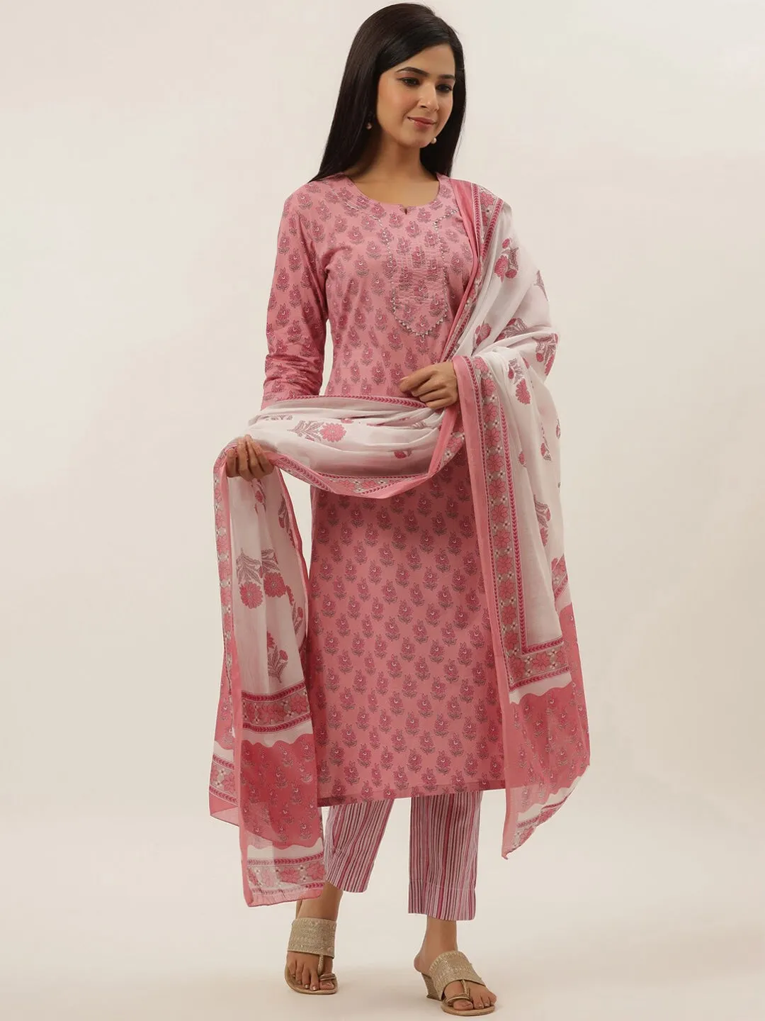 Pink Cotton Printed Dupatta Set