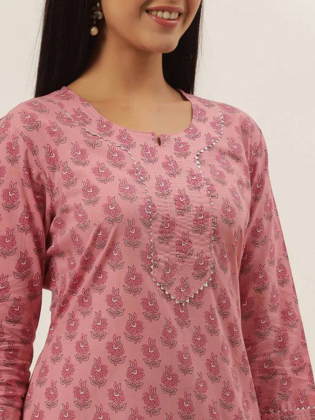 Pink Cotton Printed Dupatta Set