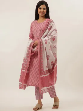 Pink Cotton Printed Dupatta Set