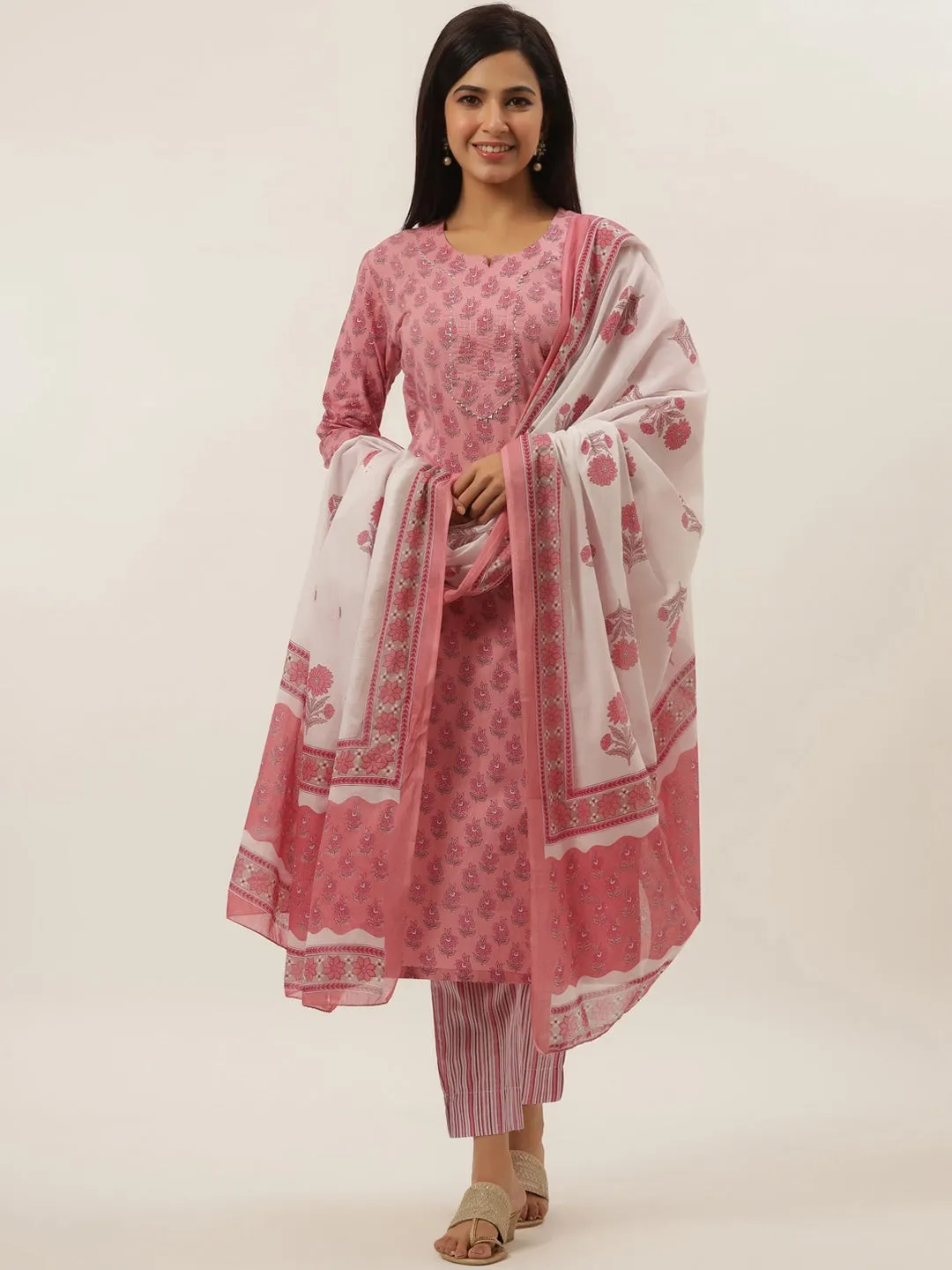 Pink Cotton Printed Dupatta Set
