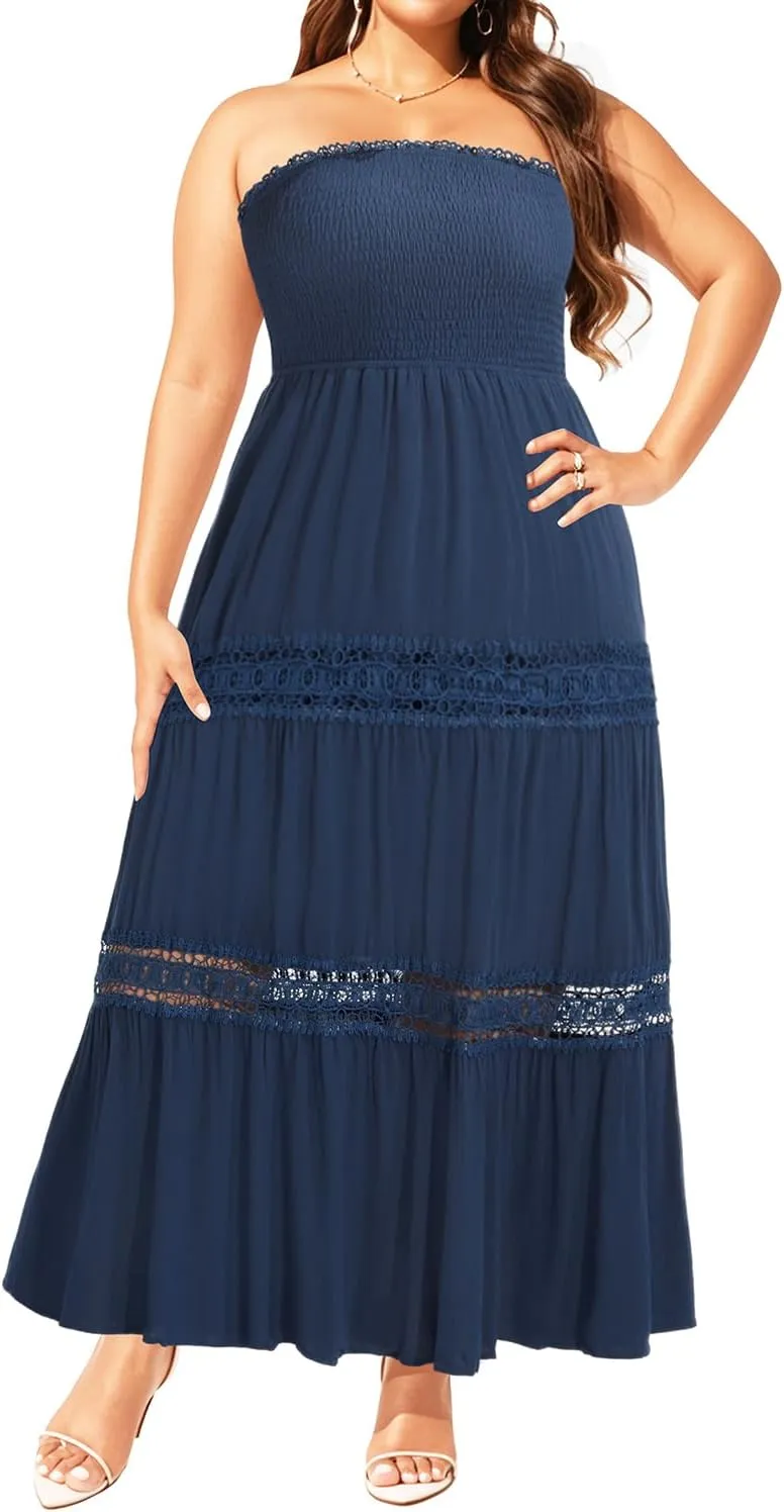 Plus Size Summer Dress- Beach Tube Casual Boho Strapless Flowy Long Sun Maxi Dresses