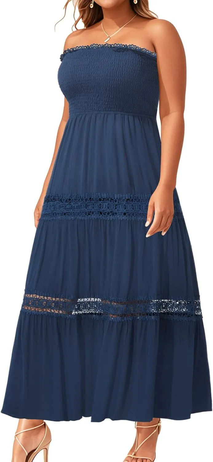 Plus Size Summer Dress- Beach Tube Casual Boho Strapless Flowy Long Sun Maxi Dresses