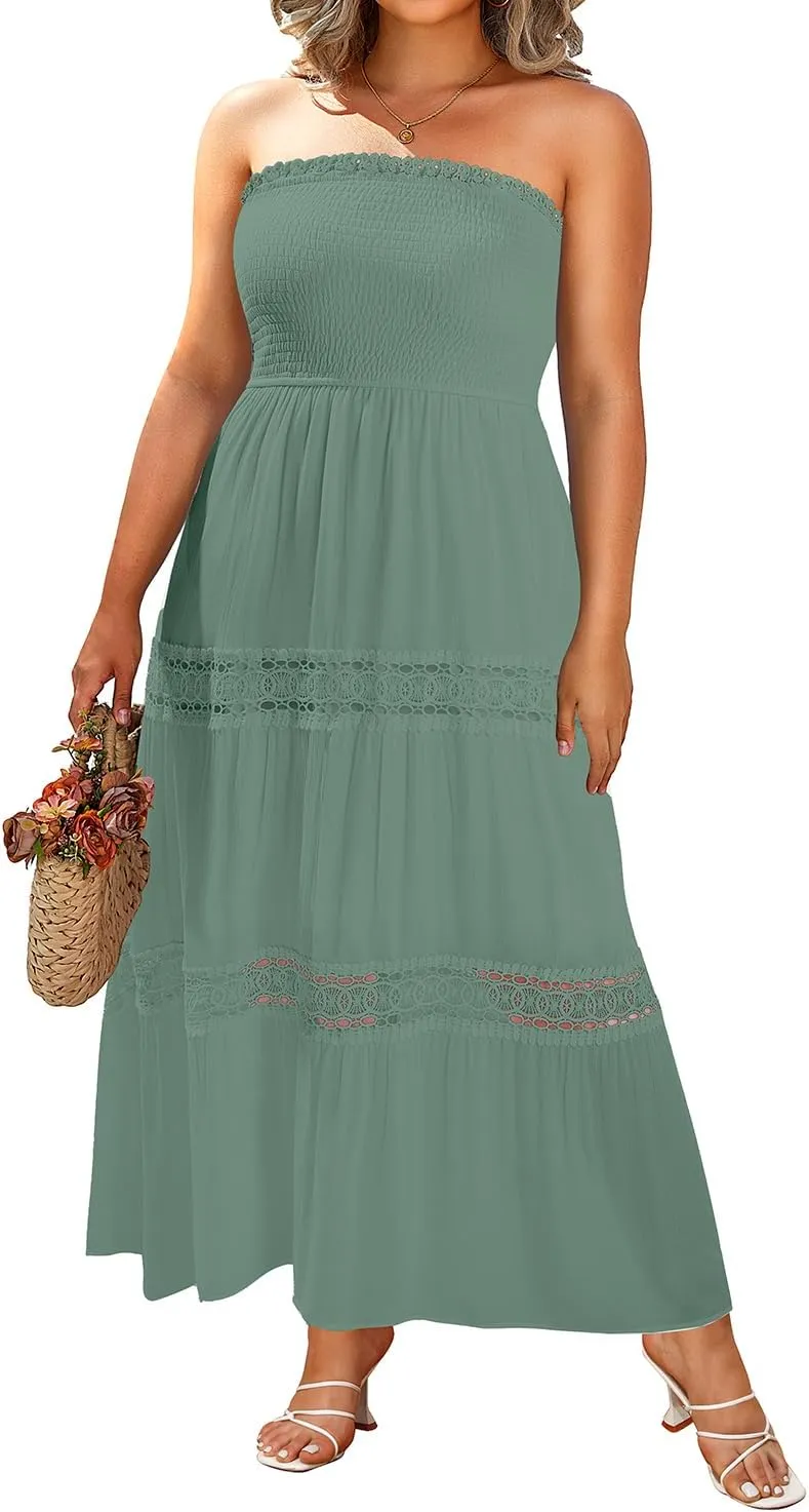 Plus Size Summer Dress- Beach Tube Casual Boho Strapless Flowy Long Sun Maxi Dresses
