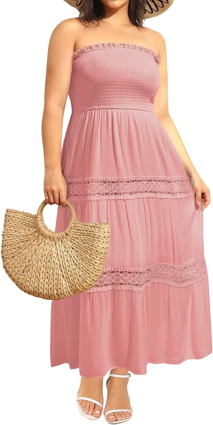 Plus Size Summer Dress- Beach Tube Casual Boho Strapless Flowy Long Sun Maxi Dresses