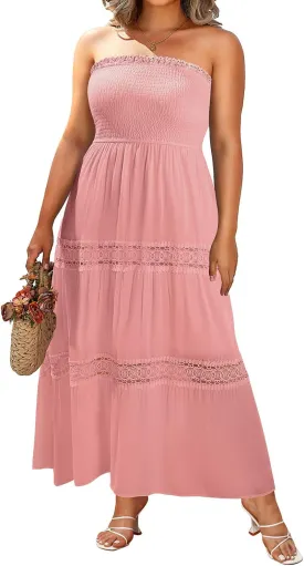 Plus Size Summer Dress- Beach Tube Casual Boho Strapless Flowy Long Sun Maxi Dresses