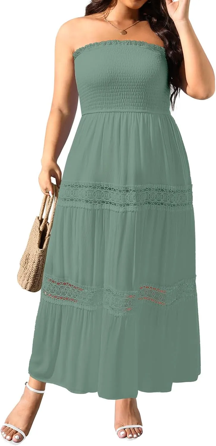 Plus Size Summer Dress- Beach Tube Casual Boho Strapless Flowy Long Sun Maxi Dresses