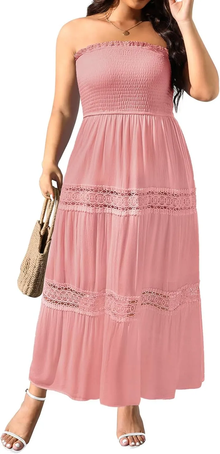 Plus Size Summer Dress- Beach Tube Casual Boho Strapless Flowy Long Sun Maxi Dresses