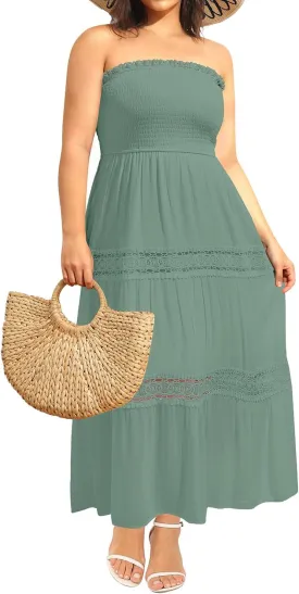 Plus Size Summer Dress- Beach Tube Casual Boho Strapless Flowy Long Sun Maxi Dresses