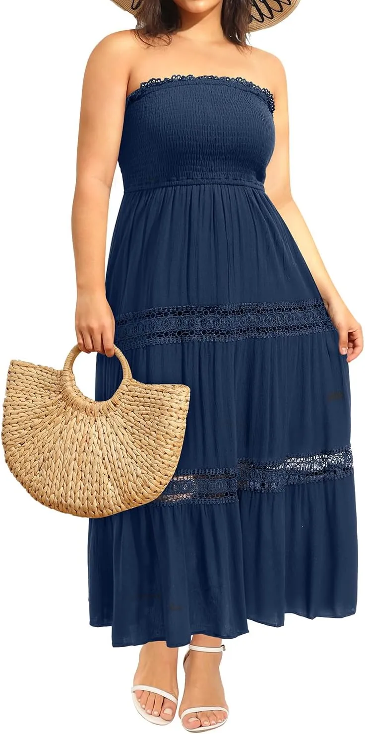 Plus Size Summer Dress- Beach Tube Casual Boho Strapless Flowy Long Sun Maxi Dresses