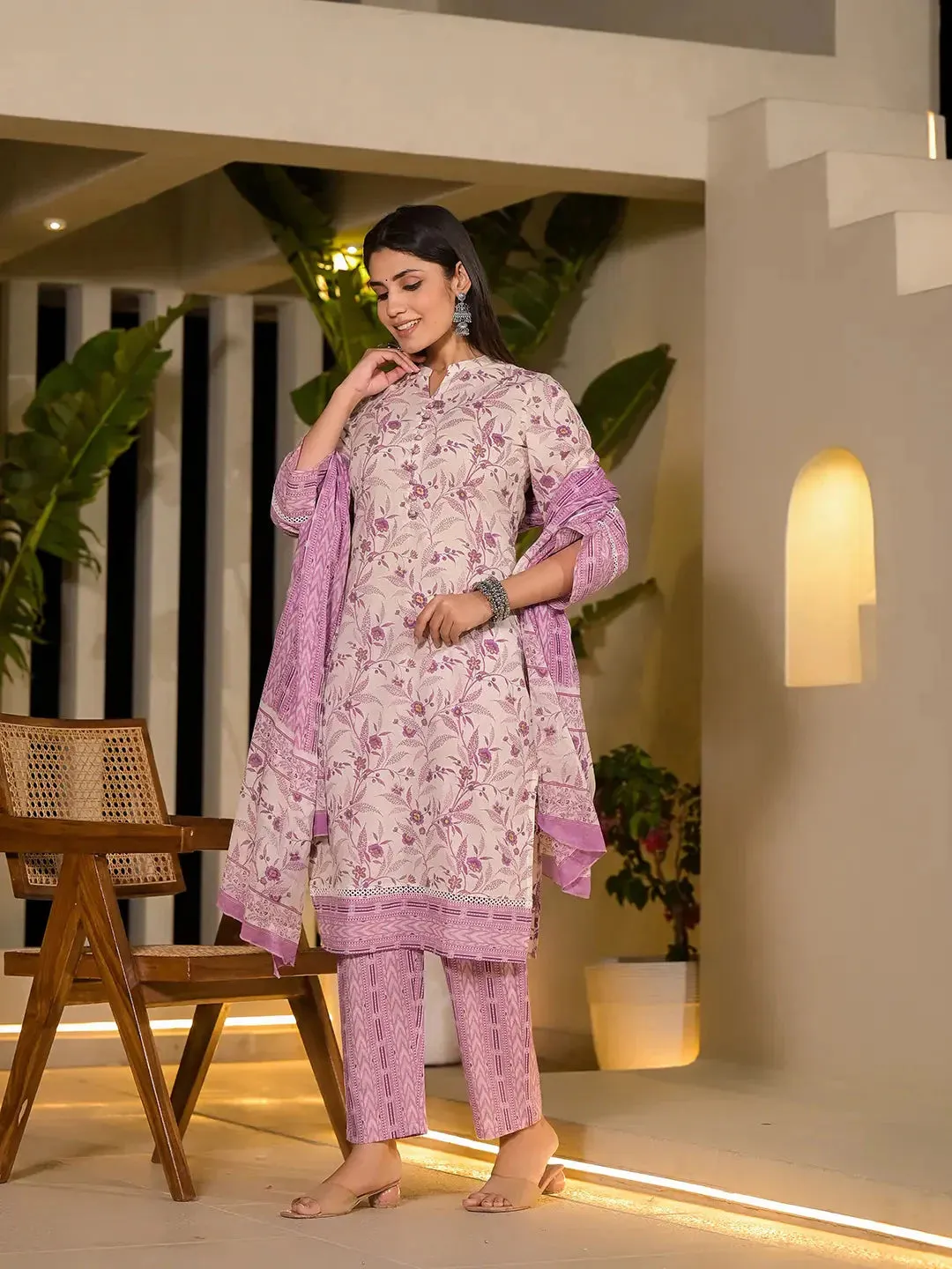 Purple Leaf Print Cotton Pakistani Style Kurta With Trousers With Dupatta Set