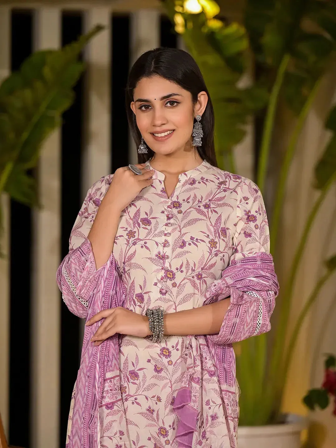 Purple Leaf Print Cotton Pakistani Style Kurta With Trousers With Dupatta Set