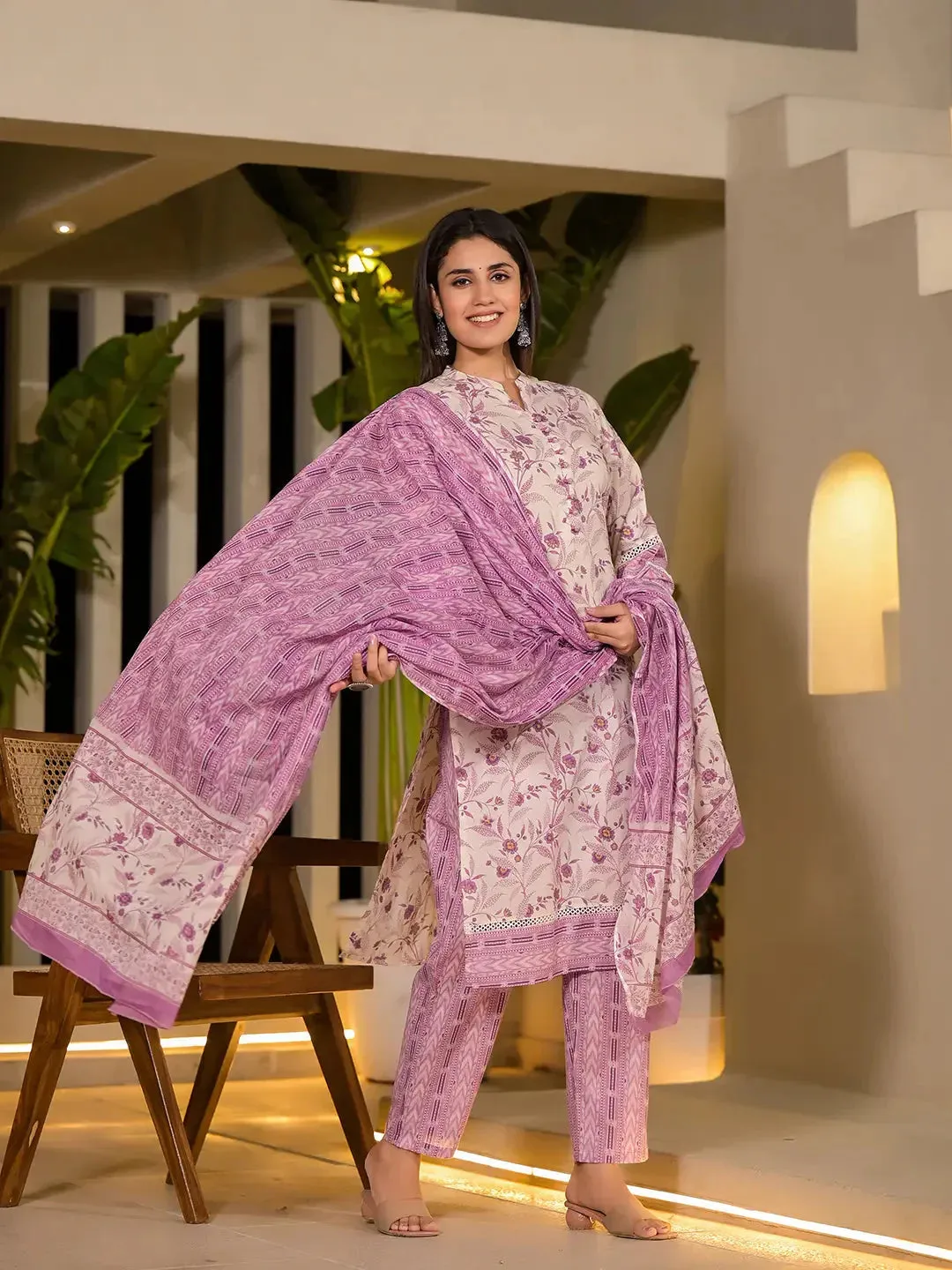 Purple Leaf Print Cotton Pakistani Style Kurta With Trousers With Dupatta Set