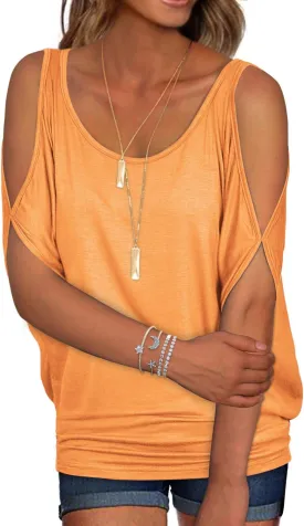 RANPHEE Womens Summer Cold Shoulder Tops Casual Scoop Neck Loose Fit T Shirt