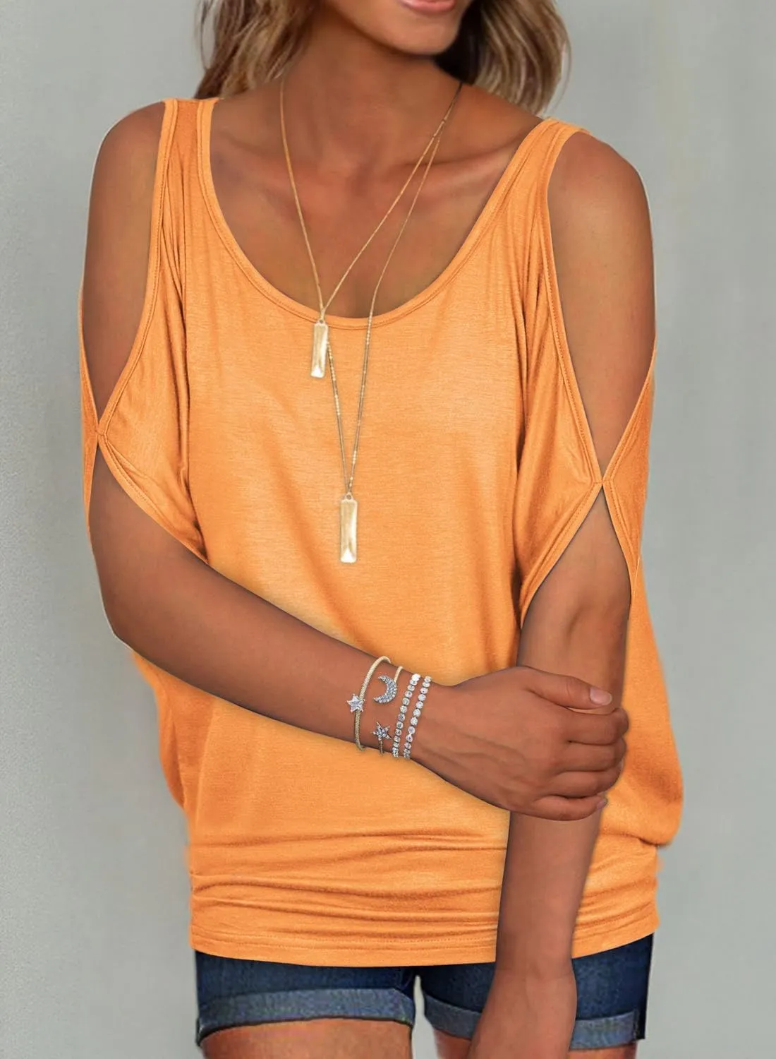 RANPHEE Womens Summer Cold Shoulder Tops Casual Scoop Neck Loose Fit T Shirt