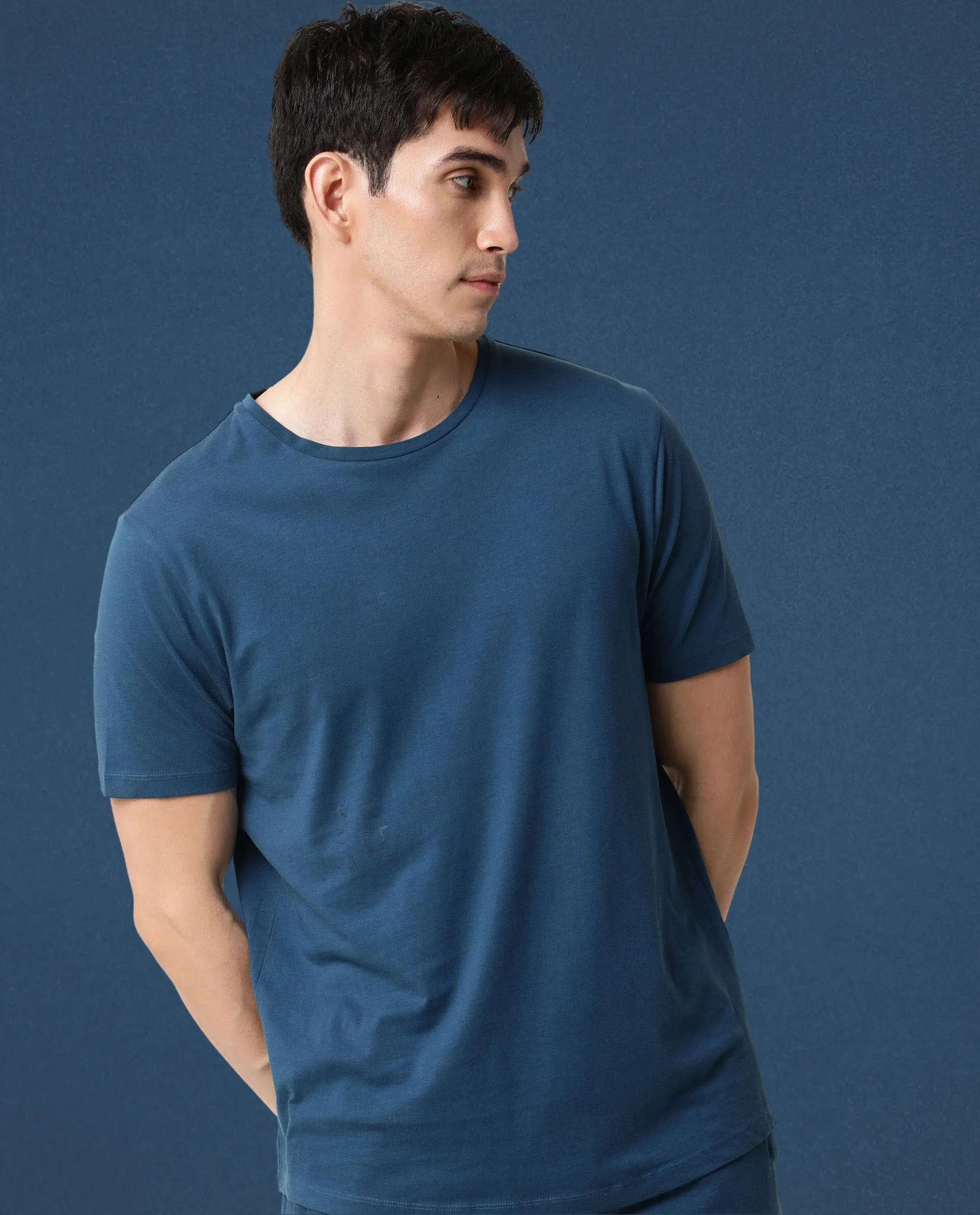 Rare Rabbit Articale Men's Caxel Oyster Teal Crew Neck Offset Brand Print Half Sleeves T-shirt