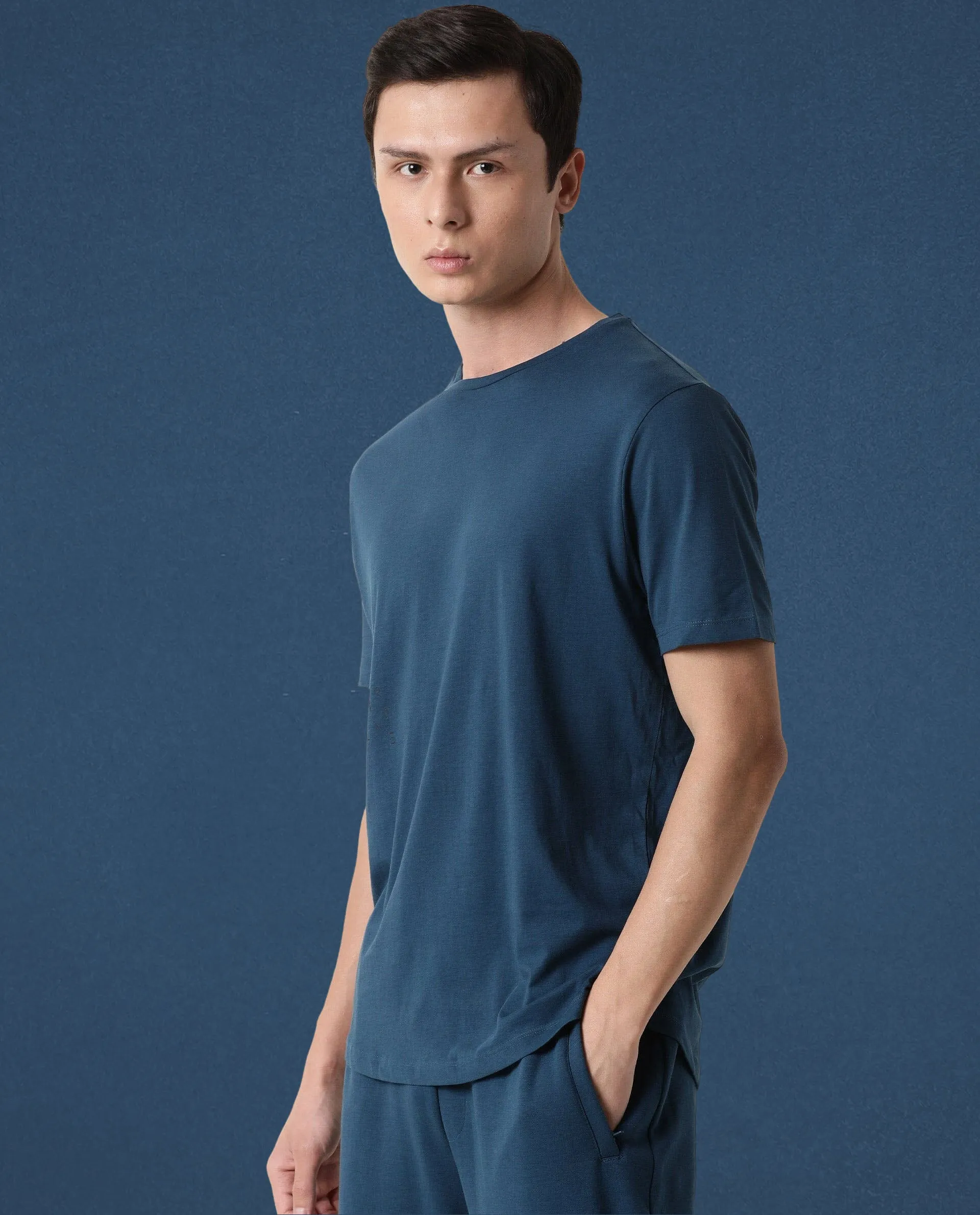 Rare Rabbit Articale Men's Caxel Oyster Teal Crew Neck Offset Brand Print Half Sleeves T-shirt
