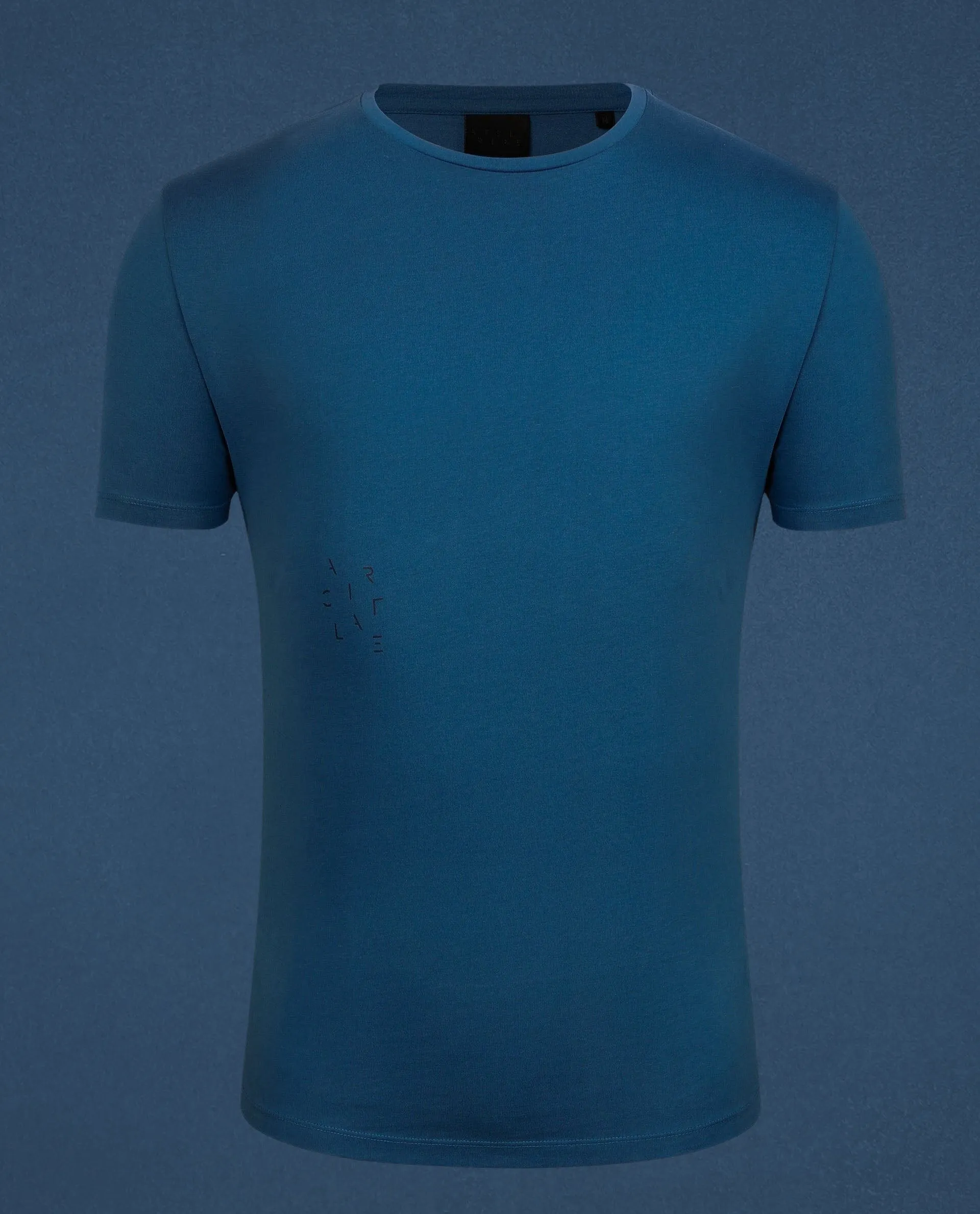 Rare Rabbit Articale Men's Caxel Oyster Teal Crew Neck Offset Brand Print Half Sleeves T-shirt
