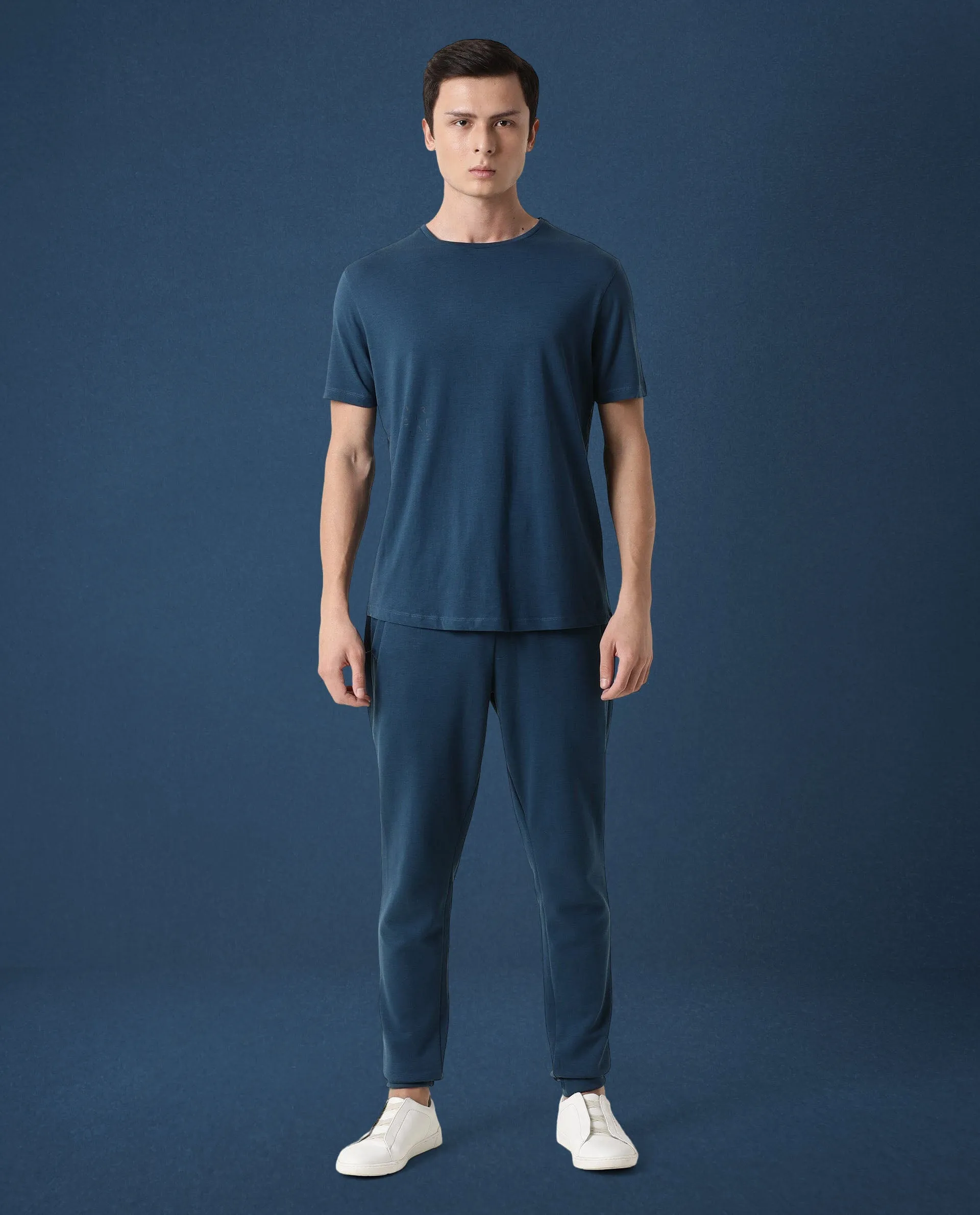 Rare Rabbit Articale Men's Caxel Oyster Teal Crew Neck Offset Brand Print Half Sleeves T-shirt