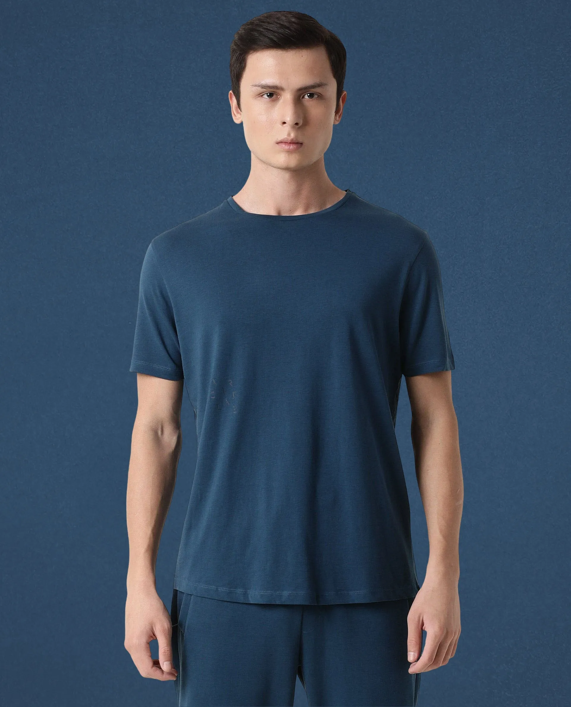 Rare Rabbit Articale Men's Caxel Oyster Teal Crew Neck Offset Brand Print Half Sleeves T-shirt