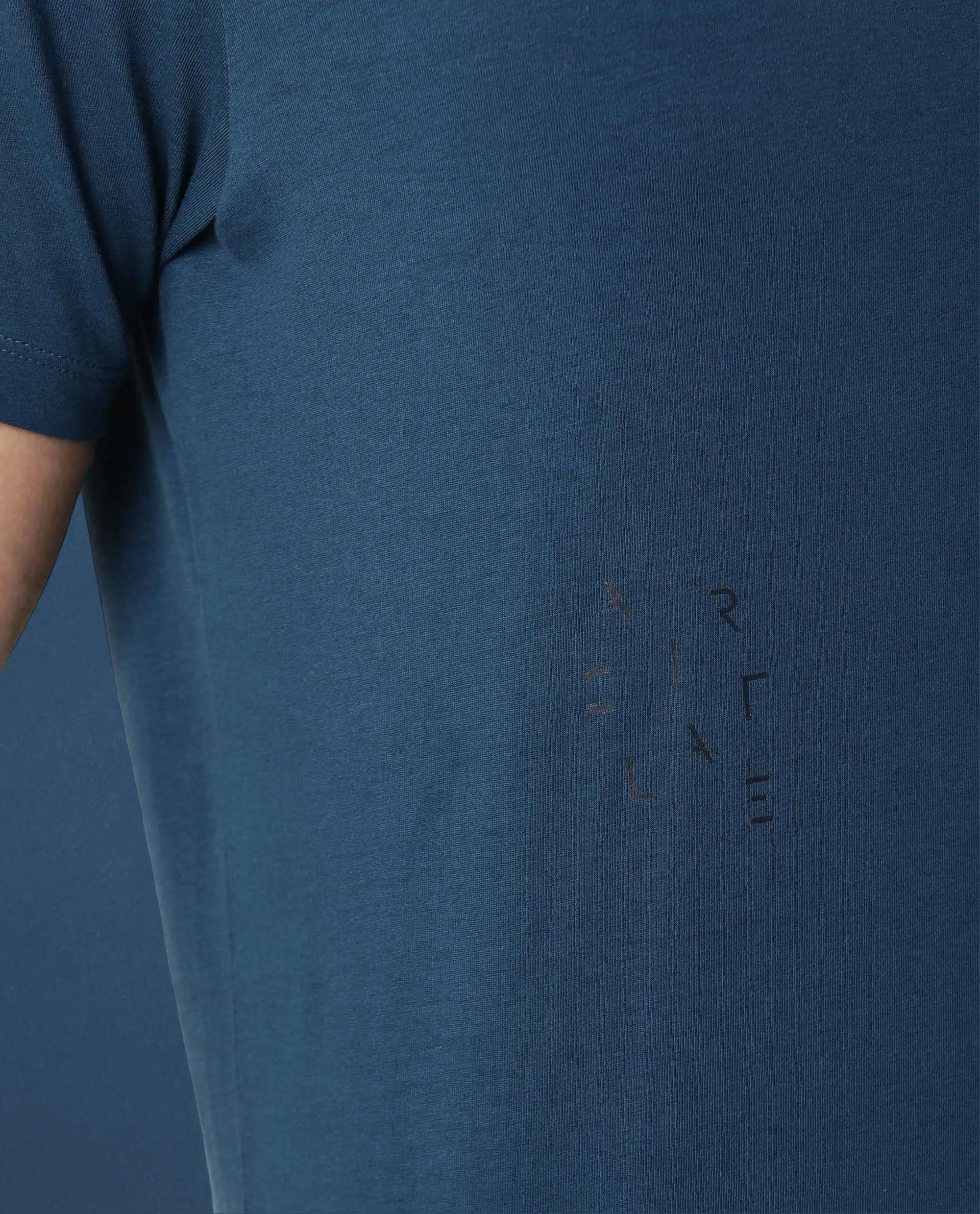Rare Rabbit Articale Men's Caxel Oyster Teal Crew Neck Offset Brand Print Half Sleeves T-shirt