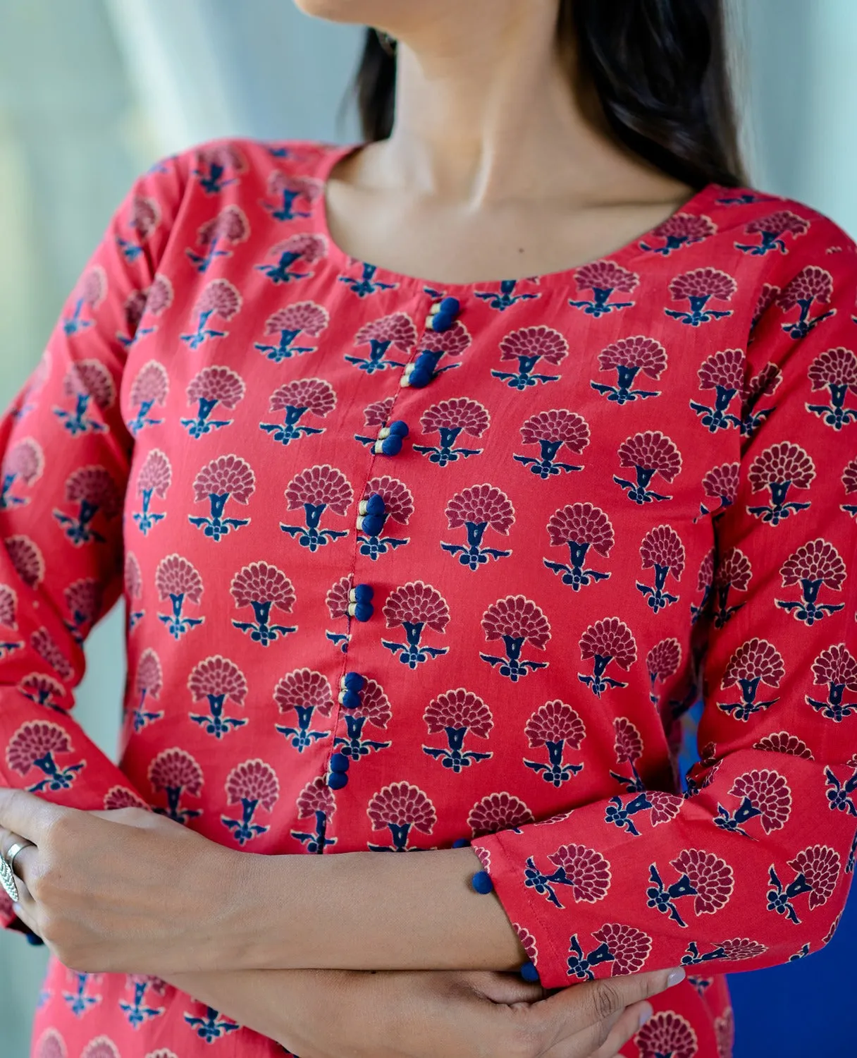 Red Hand Block Printed Kurta Set
