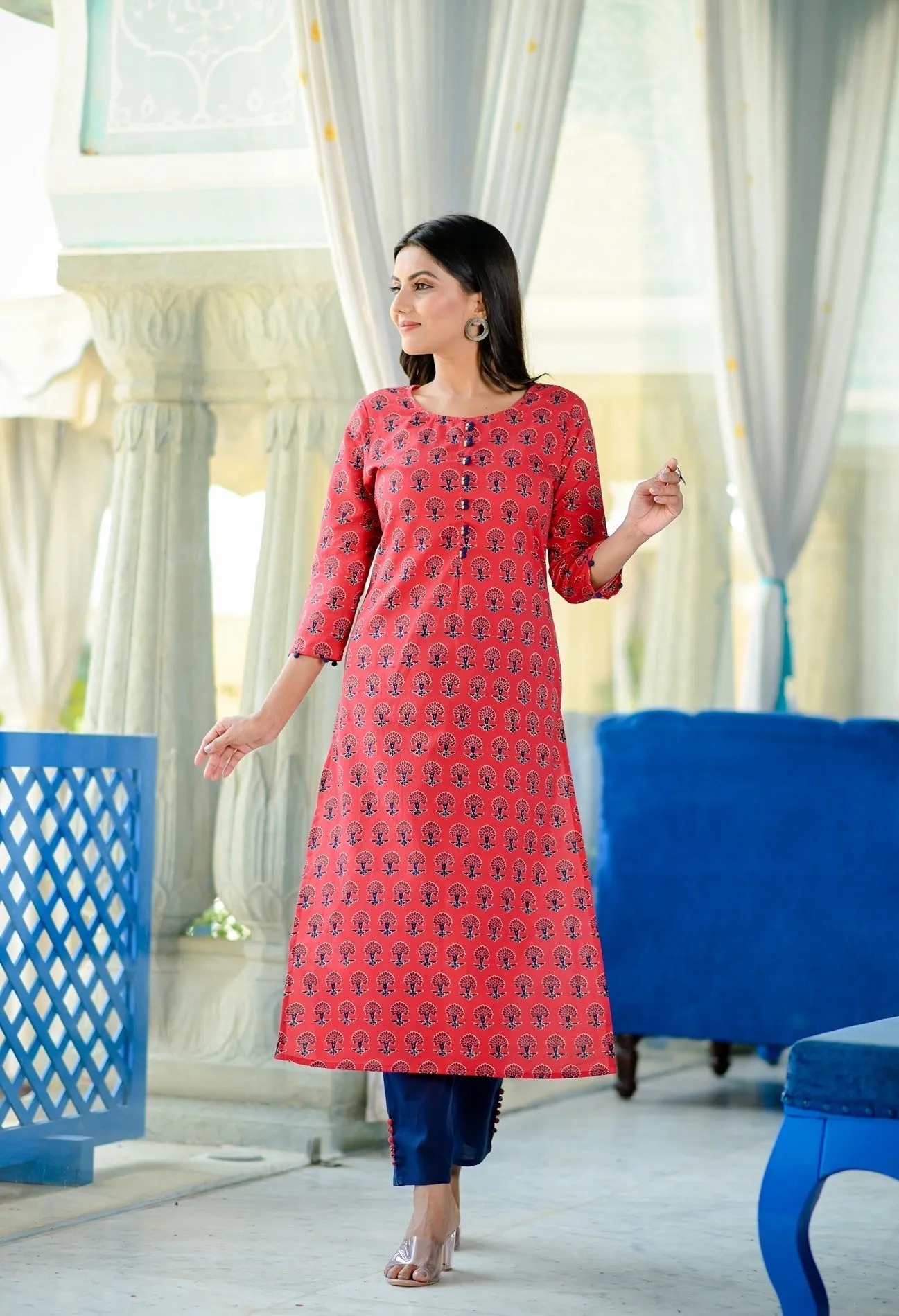 Red Hand Block Printed Kurta Set