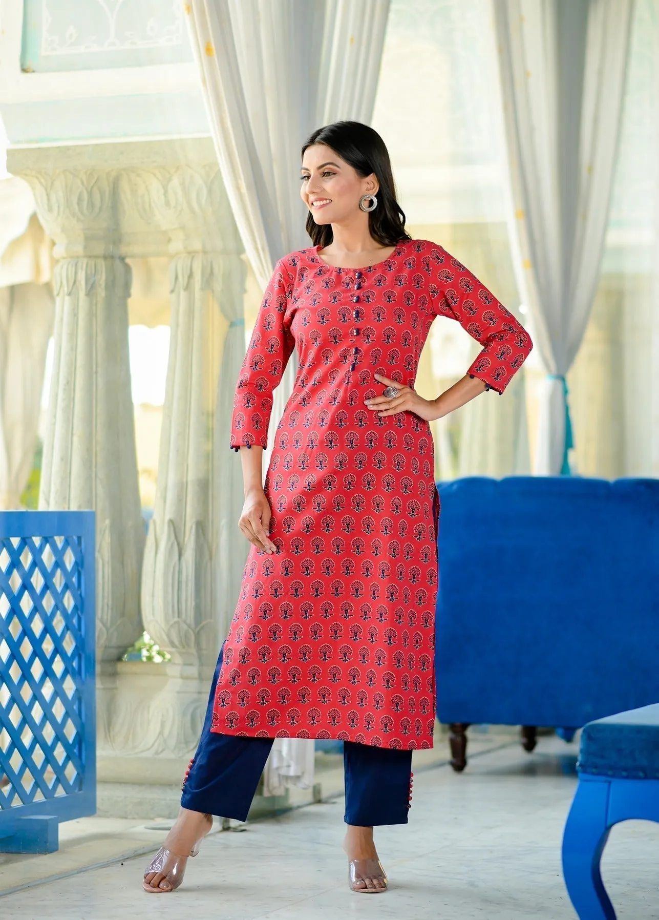 Red Hand Block Printed Kurta Set