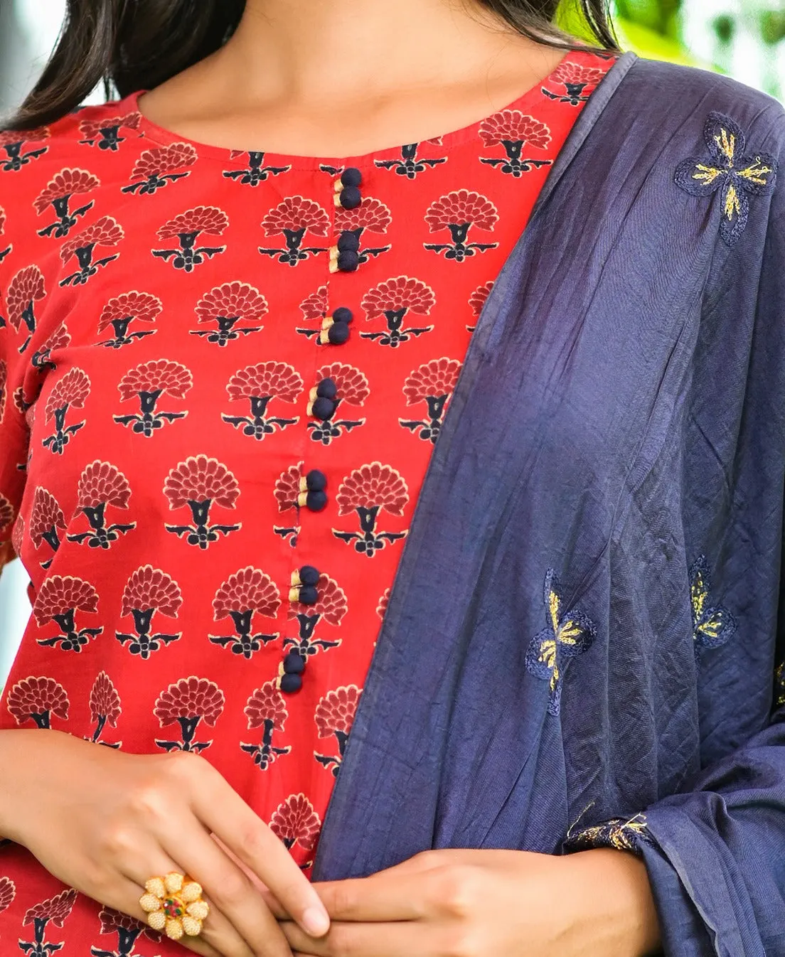 Red Hand Block Printed Kurta Set