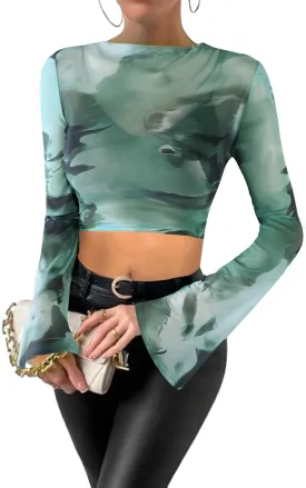 Remidoo Women's Mesh Top Mock Neck Tie Dye Long Sleeve Sheer Crop Tops Shirt
