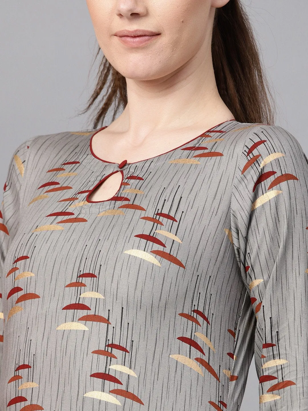 Round Neck Gold Khadi Umbrella Printed With A Keyhole Straight Kurta With Solid Maroon Pant