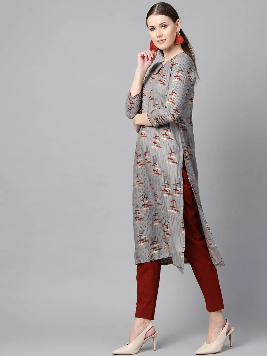 Round Neck Gold Khadi Umbrella Printed With A Keyhole Straight Kurta With Solid Maroon Pant