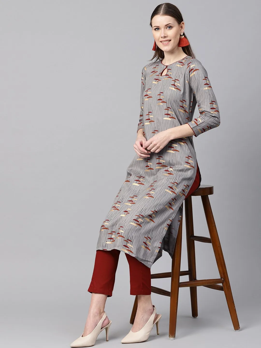 Round Neck Gold Khadi Umbrella Printed With A Keyhole Straight Kurta With Solid Maroon Pant