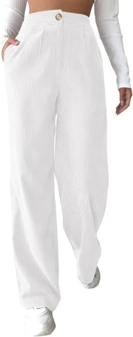 sdbrld Corduroy Pants Women,Womens Corduroy Pants Vintage High Waisted Straight Leg Pants Loose Comfy Trousers with Pockets