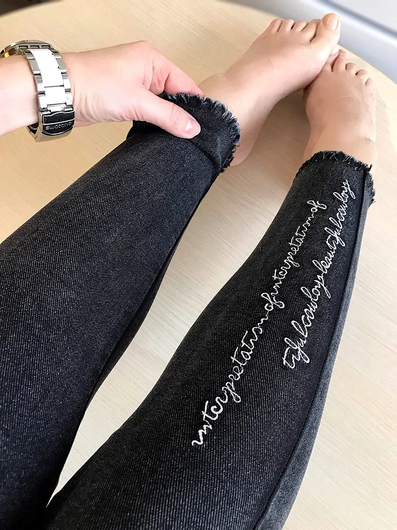 Spring Embroidered Letters Washed Jeans Leggings Skinny Slim Woven Pencil Pants Jeans Jeggings