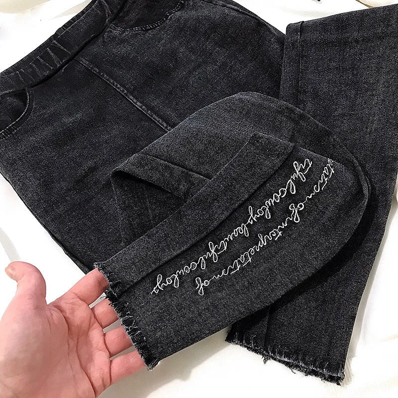 Spring Embroidered Letters Washed Jeans Leggings Skinny Slim Woven Pencil Pants Jeans Jeggings