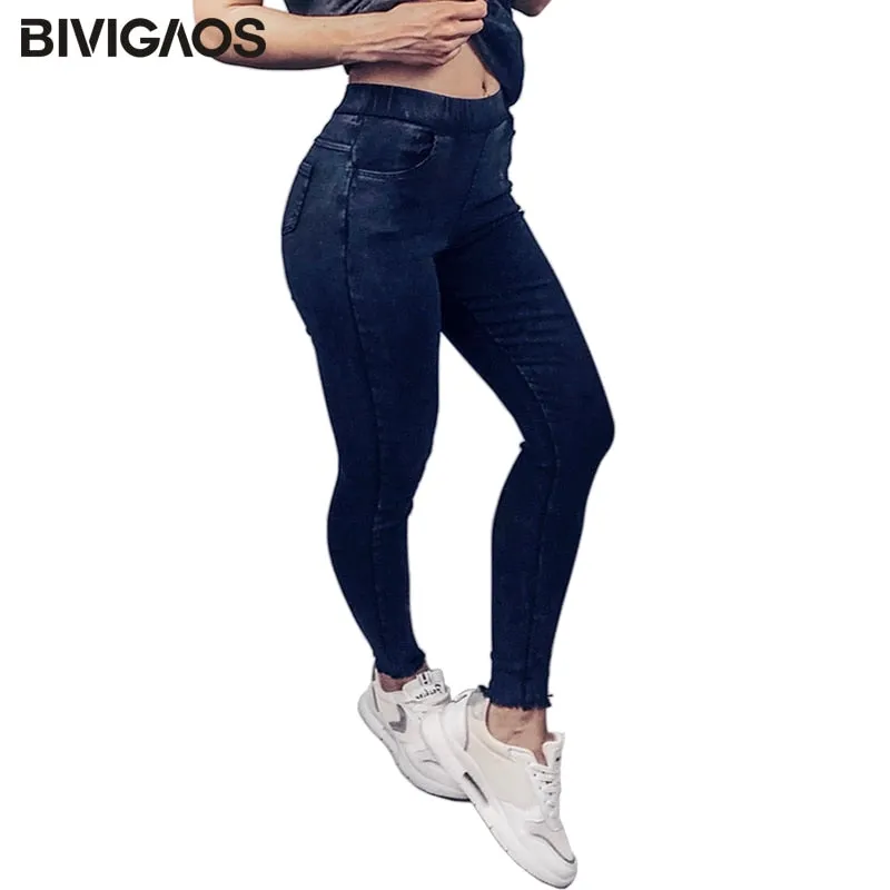 Spring Embroidered Letters Washed Jeans Leggings Skinny Slim Woven Pencil Pants Jeans Jeggings