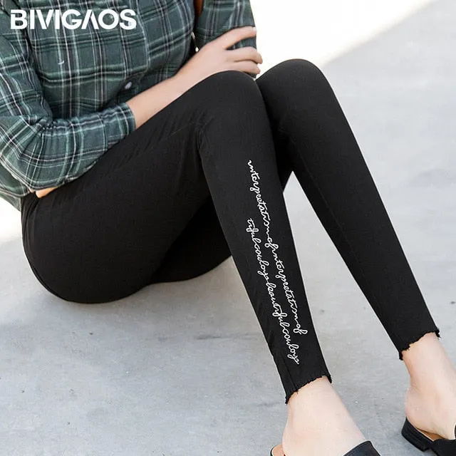 Spring Embroidered Letters Washed Jeans Leggings Skinny Slim Woven Pencil Pants Jeans Jeggings