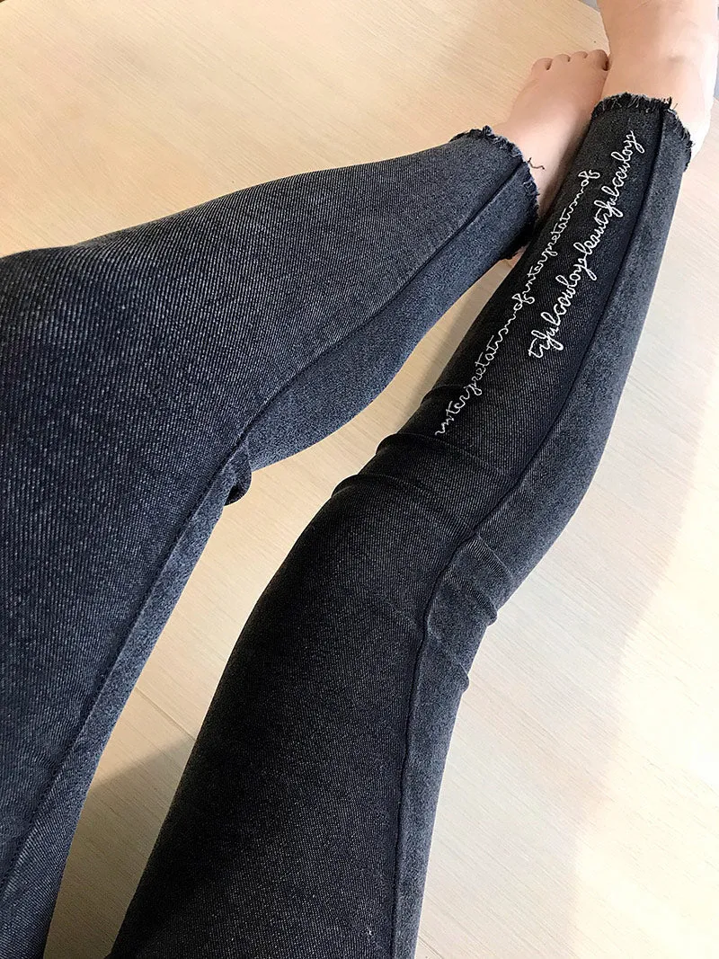 Spring Embroidered Letters Washed Jeans Leggings Skinny Slim Woven Pencil Pants Jeans Jeggings