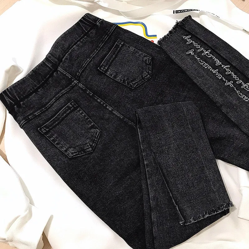 Spring Embroidered Letters Washed Jeans Leggings Skinny Slim Woven Pencil Pants Jeans Jeggings