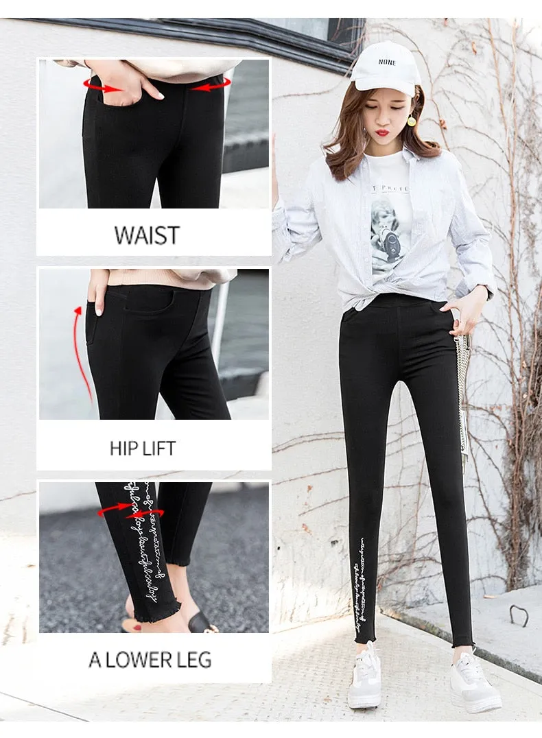 Spring Embroidered Letters Washed Jeans Leggings Skinny Slim Woven Pencil Pants Jeans Jeggings