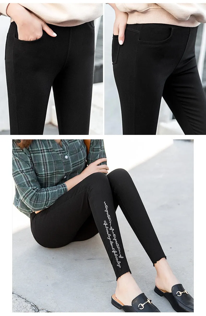 Spring Embroidered Letters Washed Jeans Leggings Skinny Slim Woven Pencil Pants Jeans Jeggings