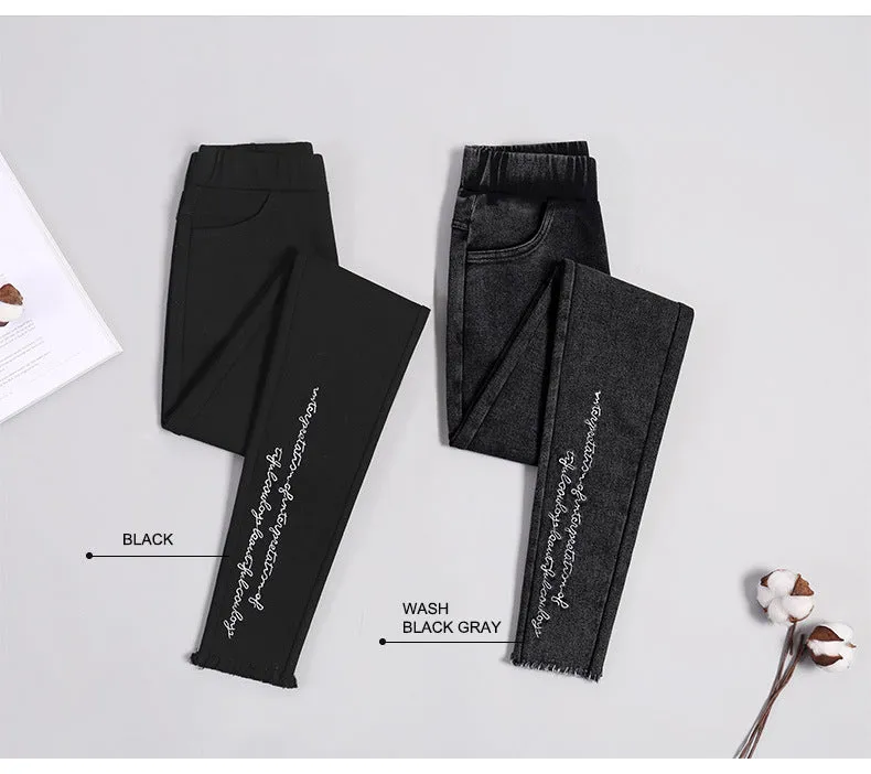 Spring Embroidered Letters Washed Jeans Leggings Skinny Slim Woven Pencil Pants Jeans Jeggings