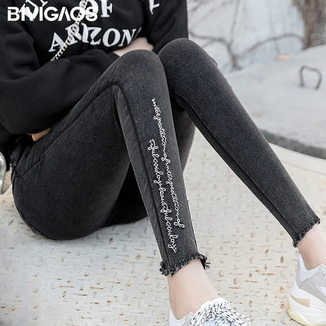 Spring Embroidered Letters Washed Jeans Leggings Skinny Slim Woven Pencil Pants Jeans Jeggings