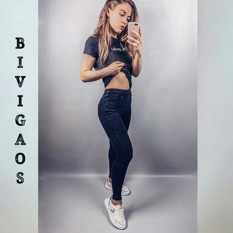 Spring Embroidered Letters Washed Jeans Leggings Skinny Slim Woven Pencil Pants Jeans Jeggings
