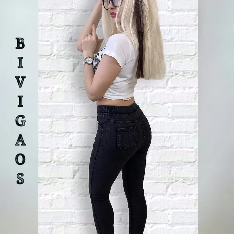 Spring Embroidered Letters Washed Jeans Leggings Skinny Slim Woven Pencil Pants Jeans Jeggings