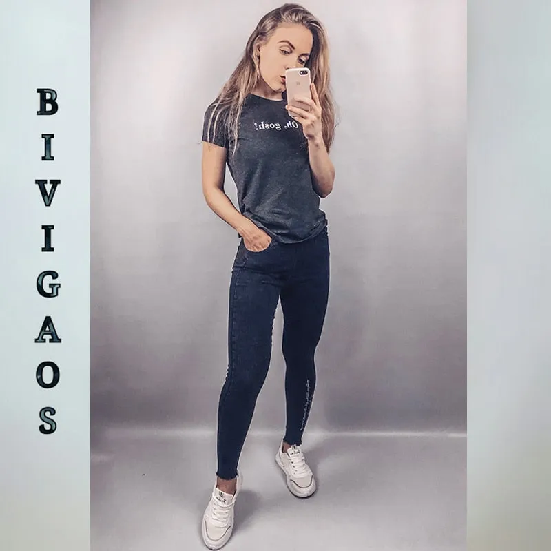 Spring Embroidered Letters Washed Jeans Leggings Skinny Slim Woven Pencil Pants Jeans Jeggings