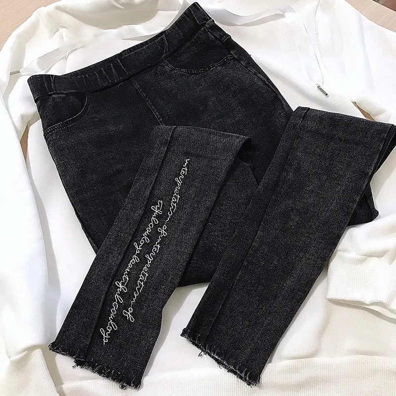 Spring Embroidered Letters Washed Jeans Leggings Skinny Slim Woven Pencil Pants Jeans Jeggings