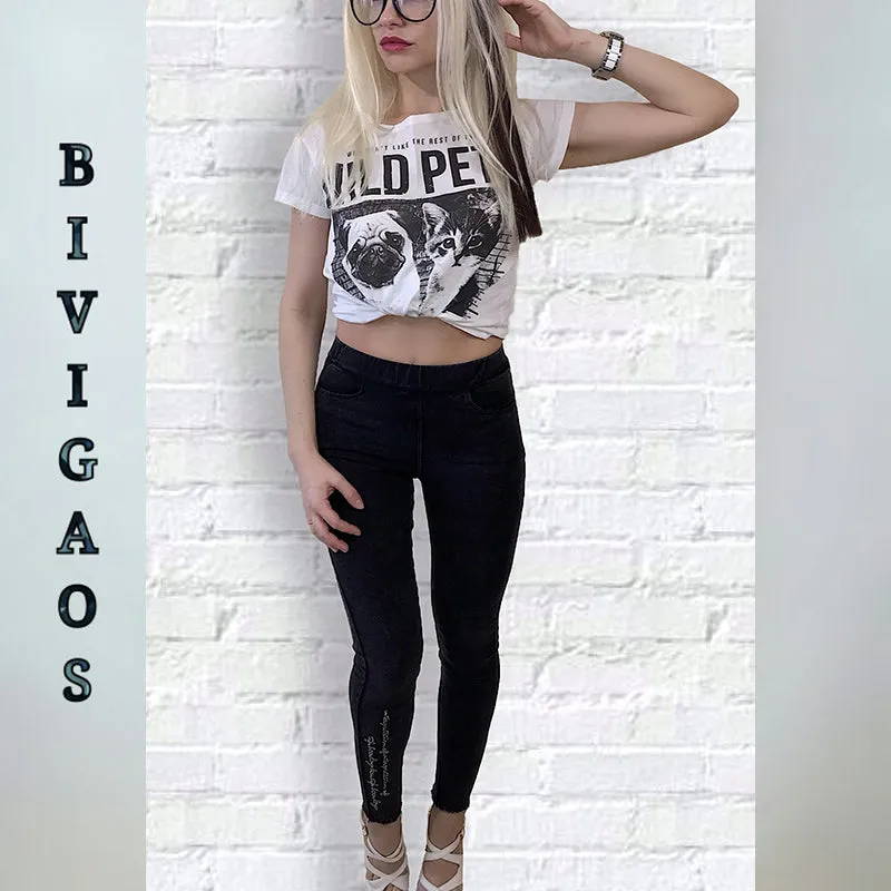 Spring Embroidered Letters Washed Jeans Leggings Skinny Slim Woven Pencil Pants Jeans Jeggings